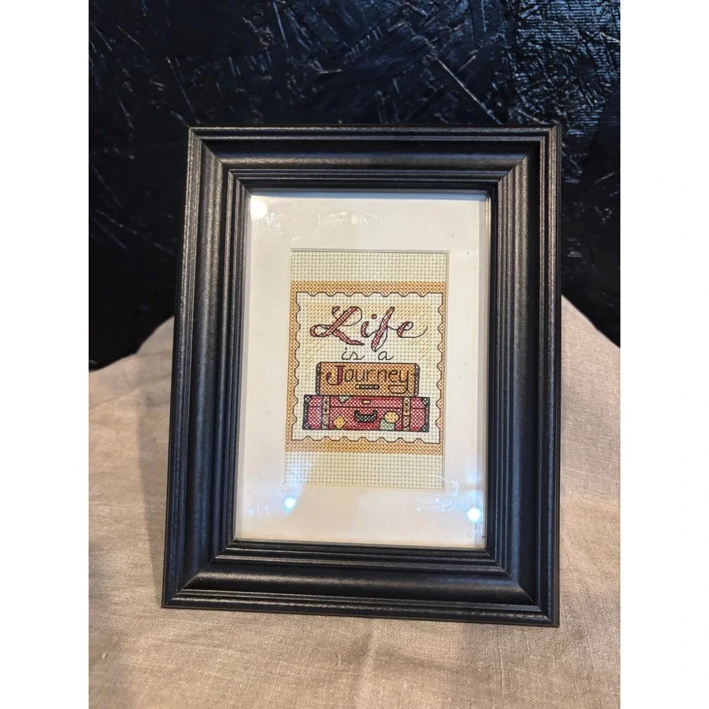 Life is a Journey Cross Stitch Framed Art Travel Suitcase Wall Decor Black 6x8